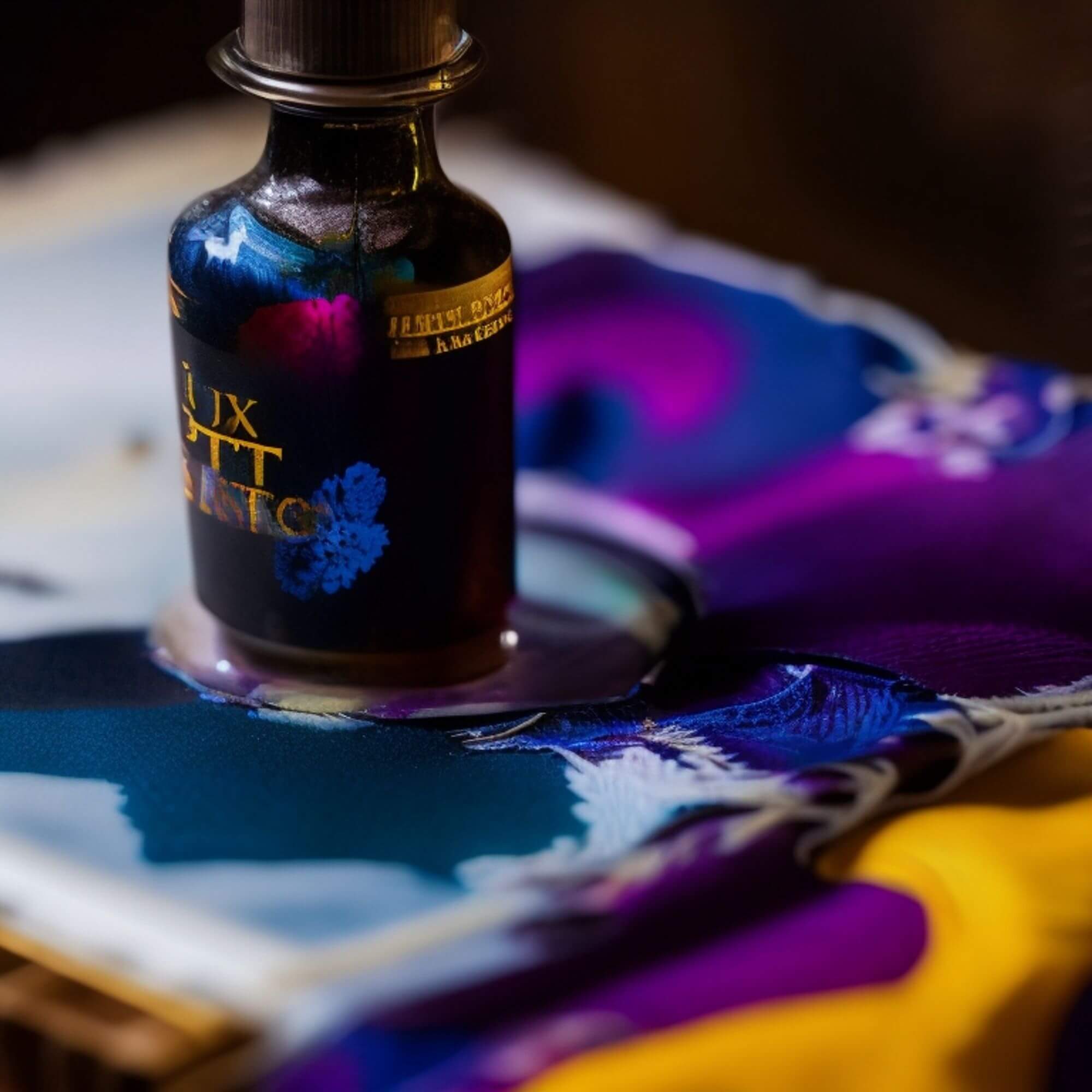 Botol tinta DTF dan contoh desain cetakan, menunjukkan kepresisian warna.