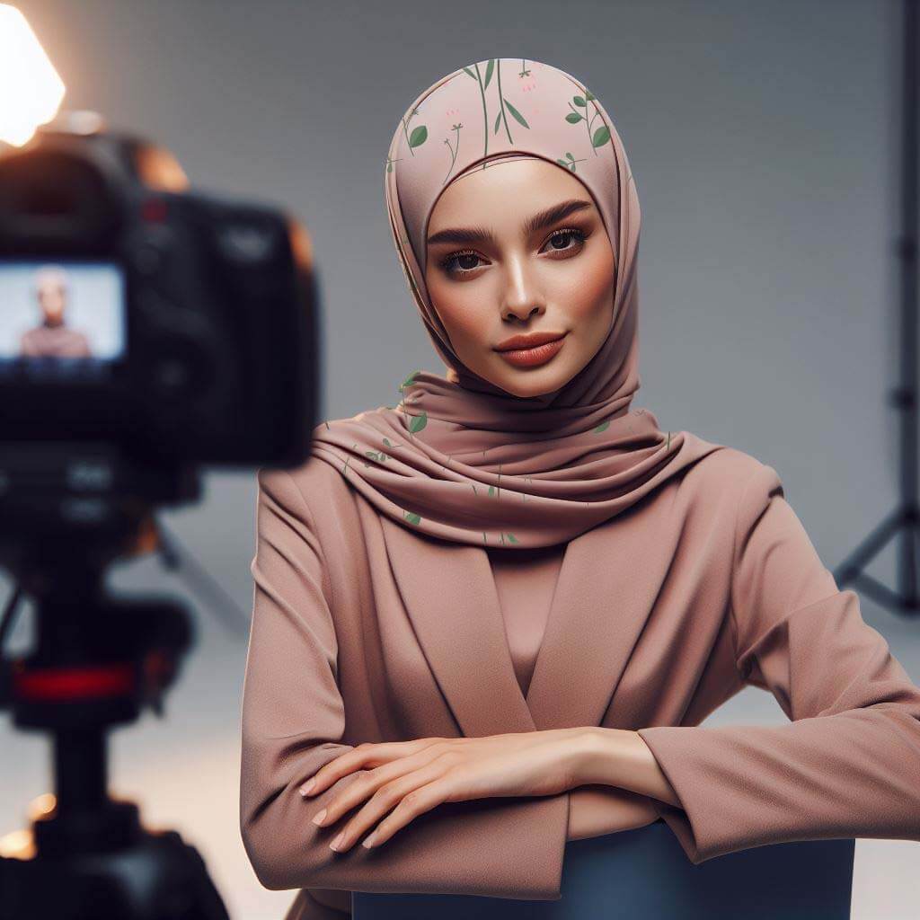 seorang pebisnis sedang membuat konten hijab