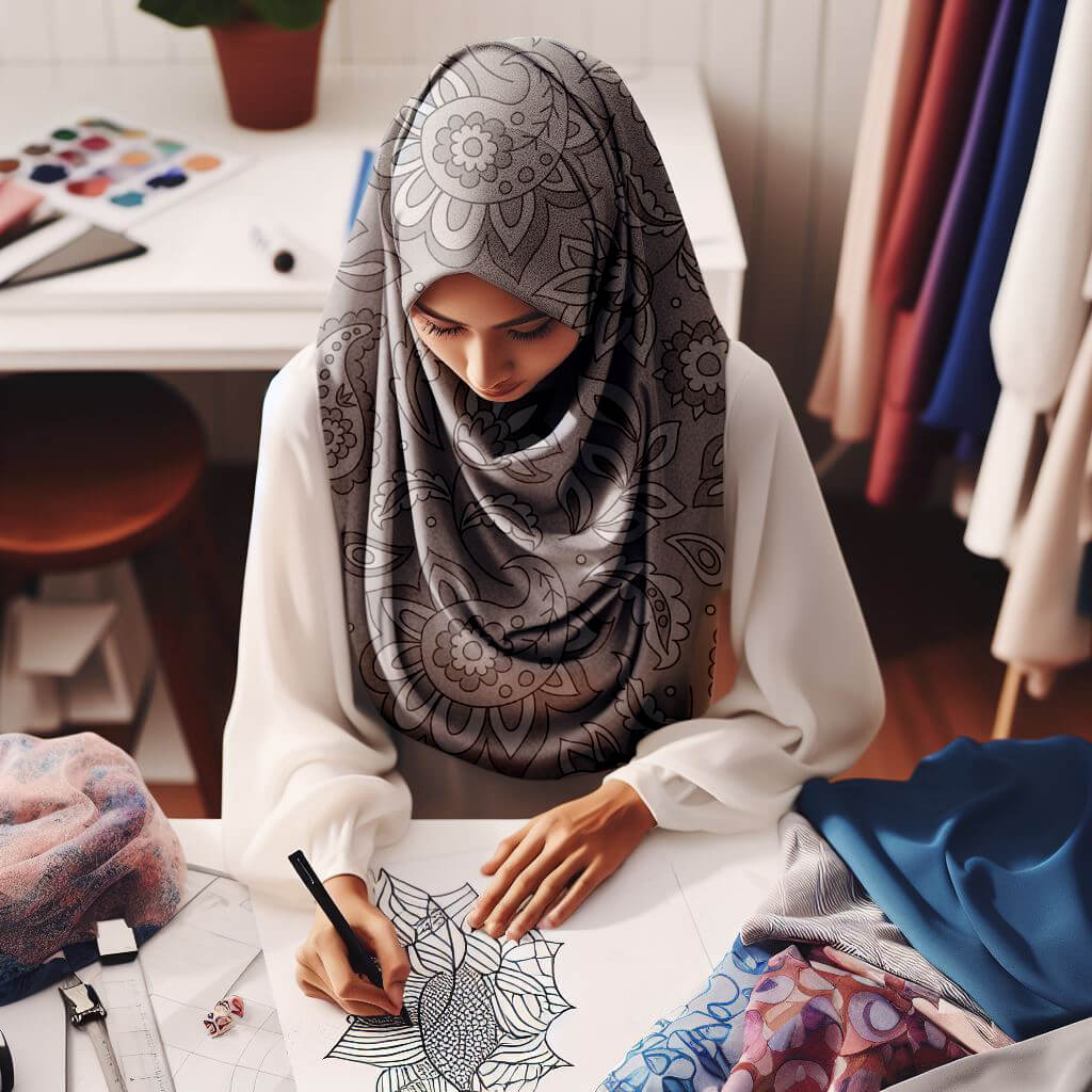 seseorang sedang mendesain hijab printing