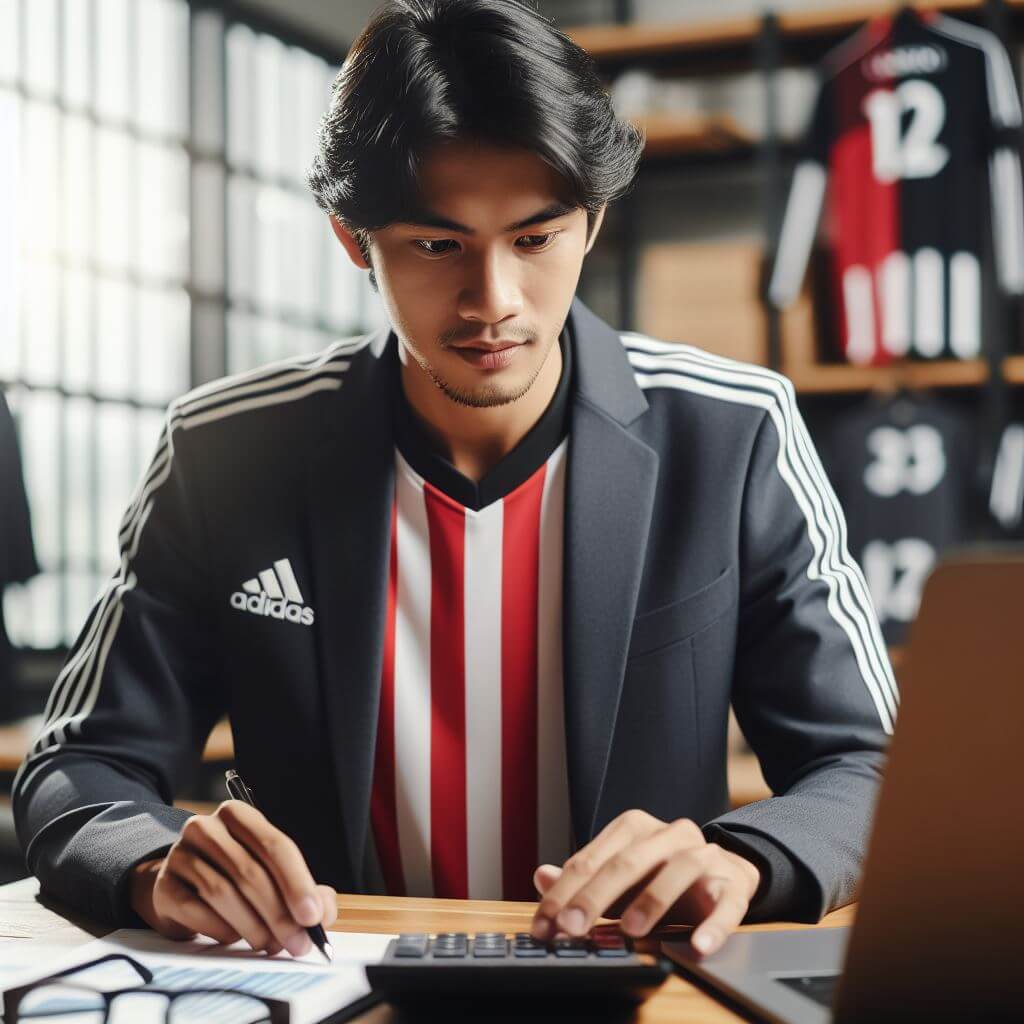 seorang pebisnis sedang menghitung profit bisnis jersey