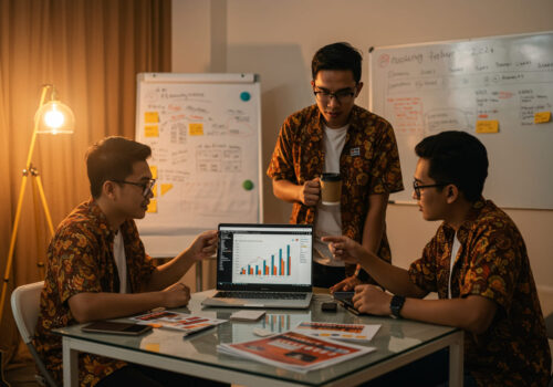 A team of three people collaborating around a laptop displaying bar charts, with whiteboards and notes in the background in a well-lit office.