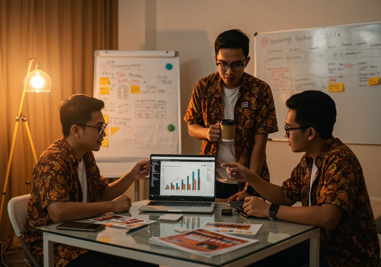 A team of three people collaborating around a laptop displaying bar charts, with whiteboards and notes in the background in a well-lit office.