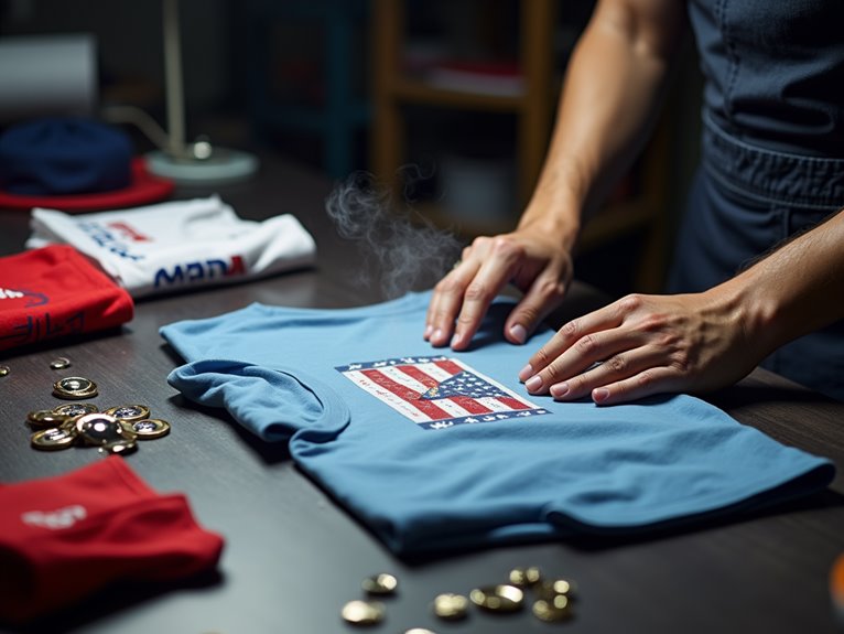 A person pressing a campaign-themed design onto a blue t-shirt surrounded by promotional items like pins and hats on a table.