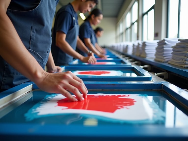 Workers using screen printing machines to create custom t-shirts, focusing on red and white designs for campaign merchandise.