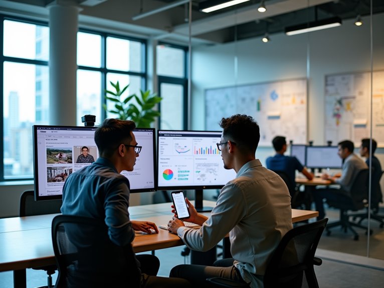 Two professionals collaborating on web development projects, with data and websites displayed on multiple monitors in a modern office.