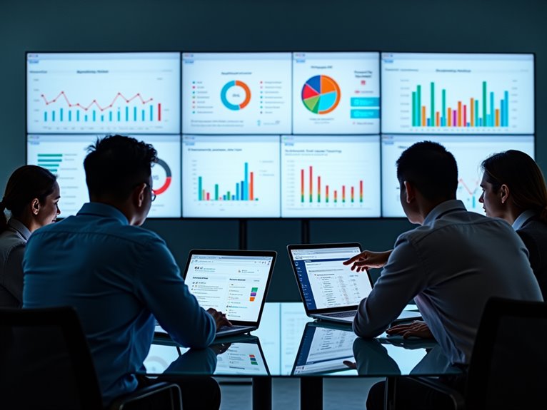 A team analyzing advertising performance metrics on laptops, with multiple data charts displayed on large screens in the background.