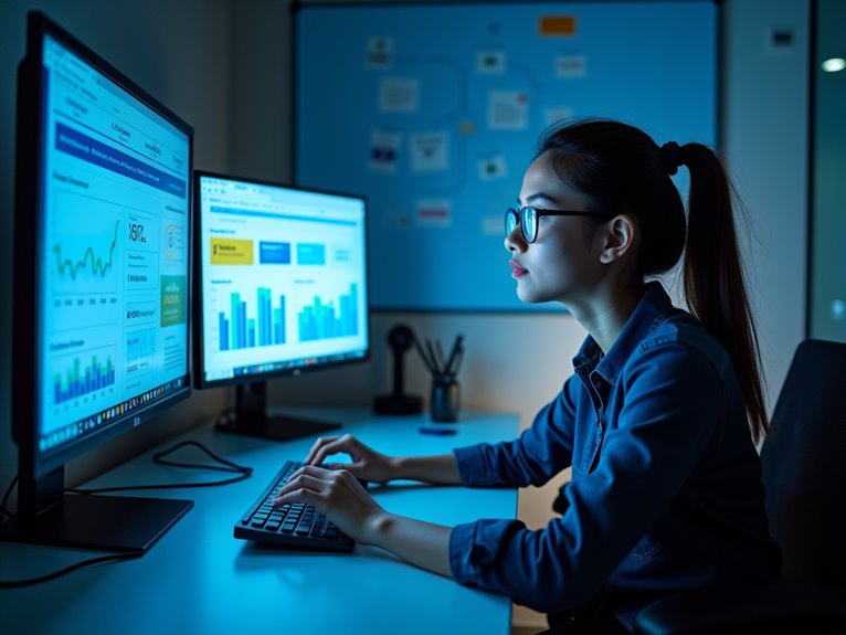 A person analyzing campaign performance data on two monitors in a workspace with charts and graphs displayed.