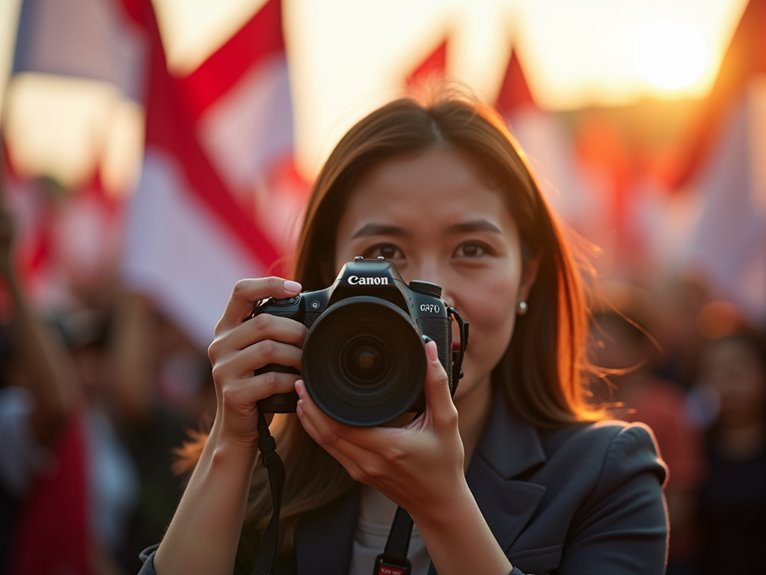 A photographer holding a camera, capturing campaign event moments, with flags and a crowd in the background during sunset.