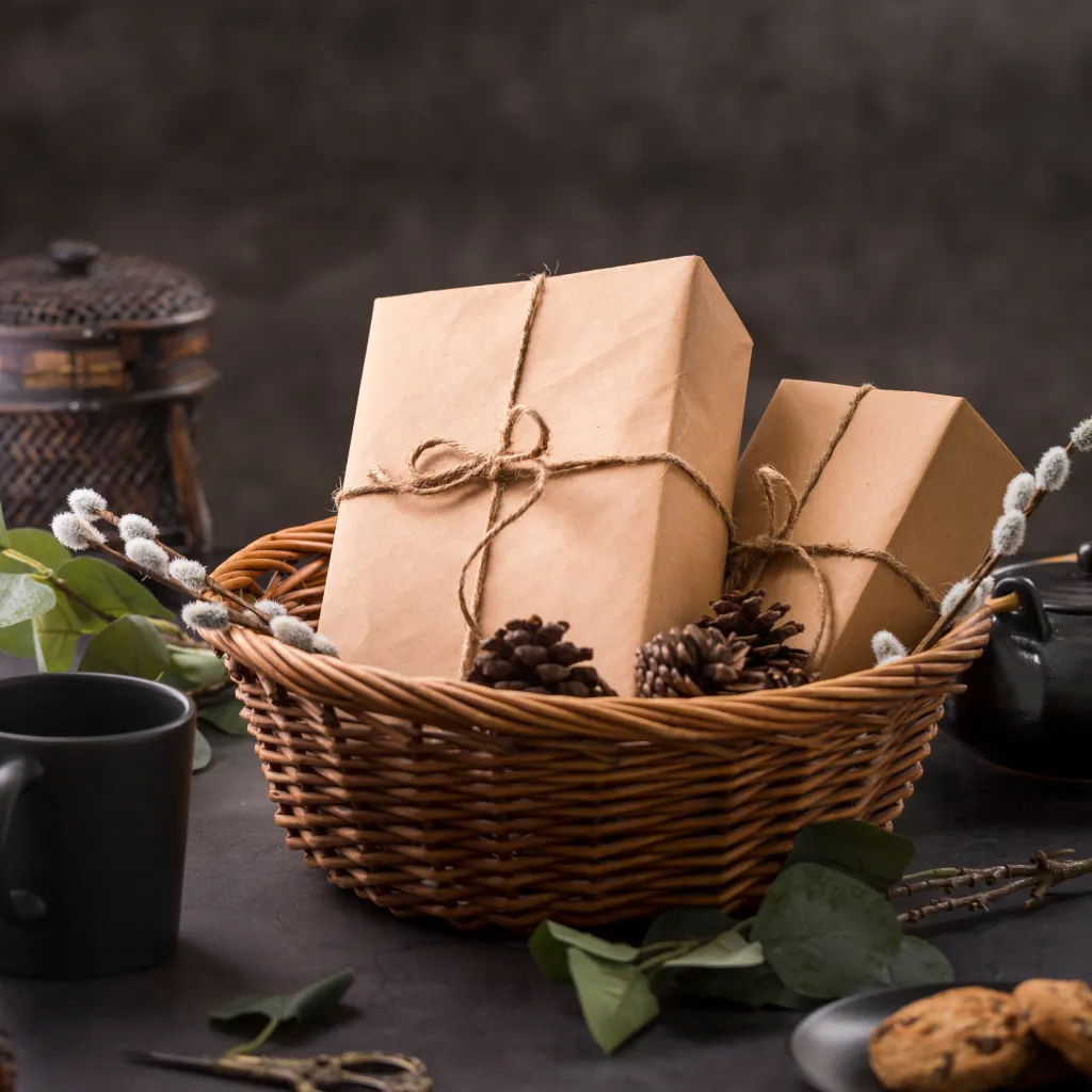 Sebuah keranjang berisi box hampers hijab yang dibungkus dengan kertas coklat dan tali.