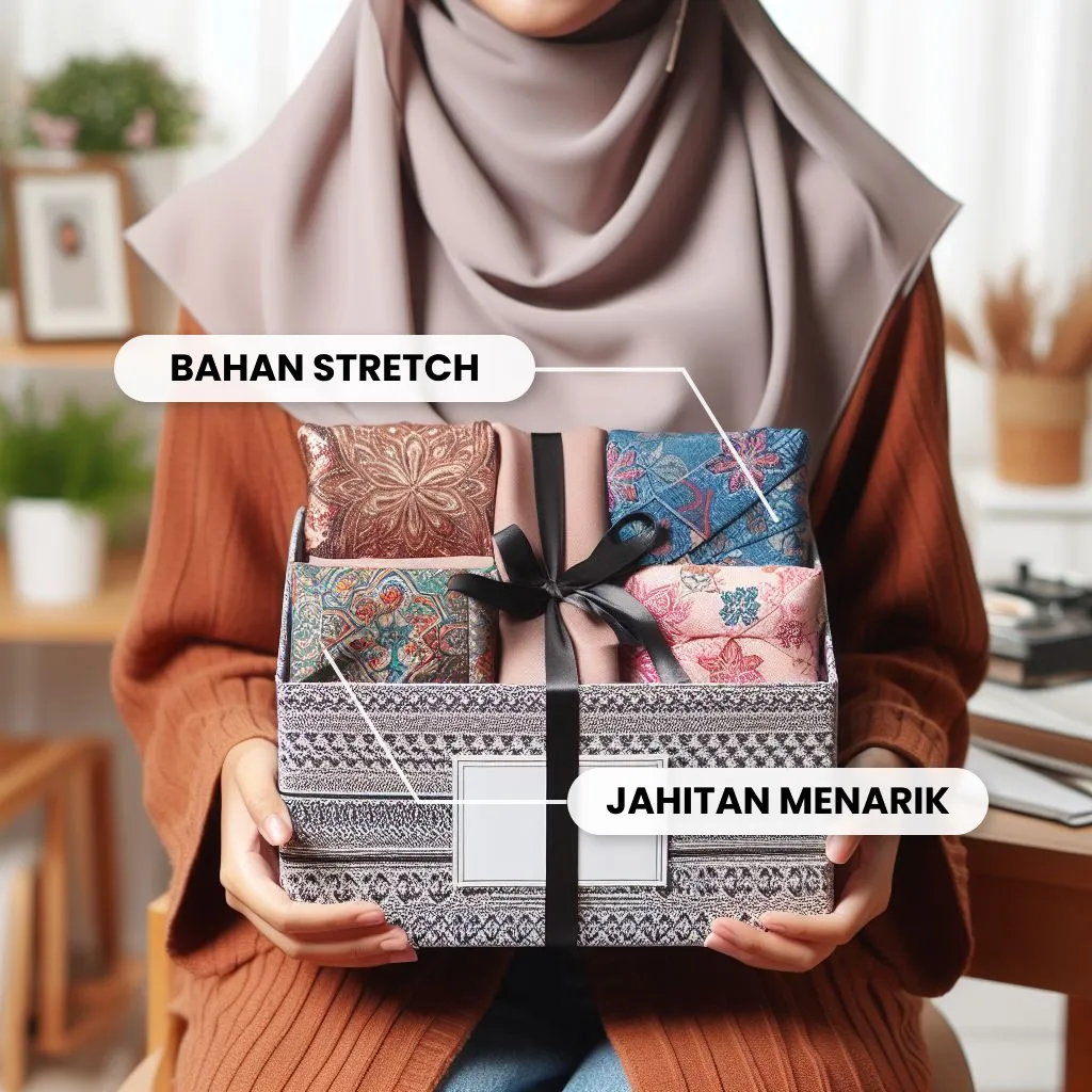 Seorang wanita berhijab sedang memegang sebuah hampers hijab yang berisi beberapa hijab dengan bahan stretch, warna shading, dan jahitan menarik.