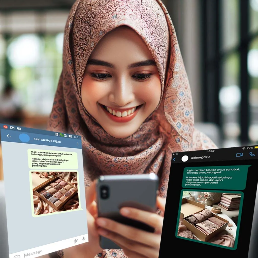 Seorang wanita berhijab sedang mempromosikan produk hampers hijabnya di grup pesan.