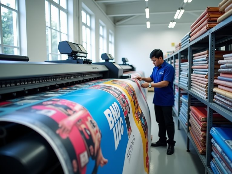 A technician operates a large format printer producing a colorful banner in a workspace filled with rolled materials.