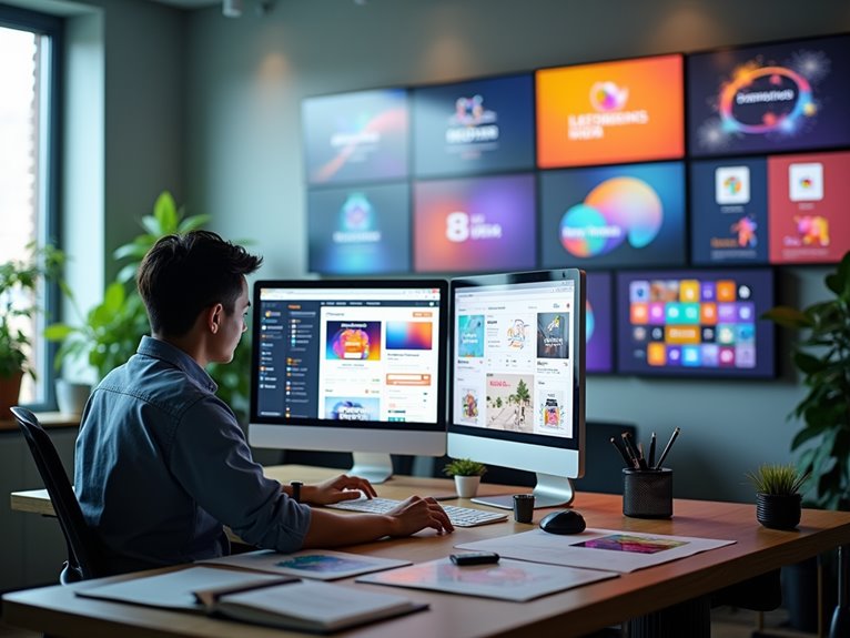 A designer working on two monitors in a creative studio, surrounded by vibrant campaign visuals displayed on a wall.
