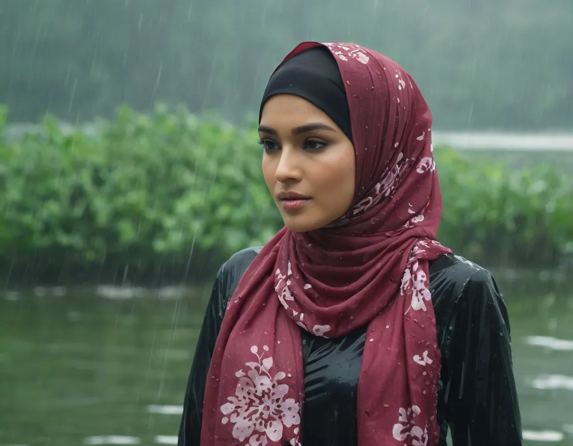 seseorang menggunakan hijab berbahan kain voal watersplash