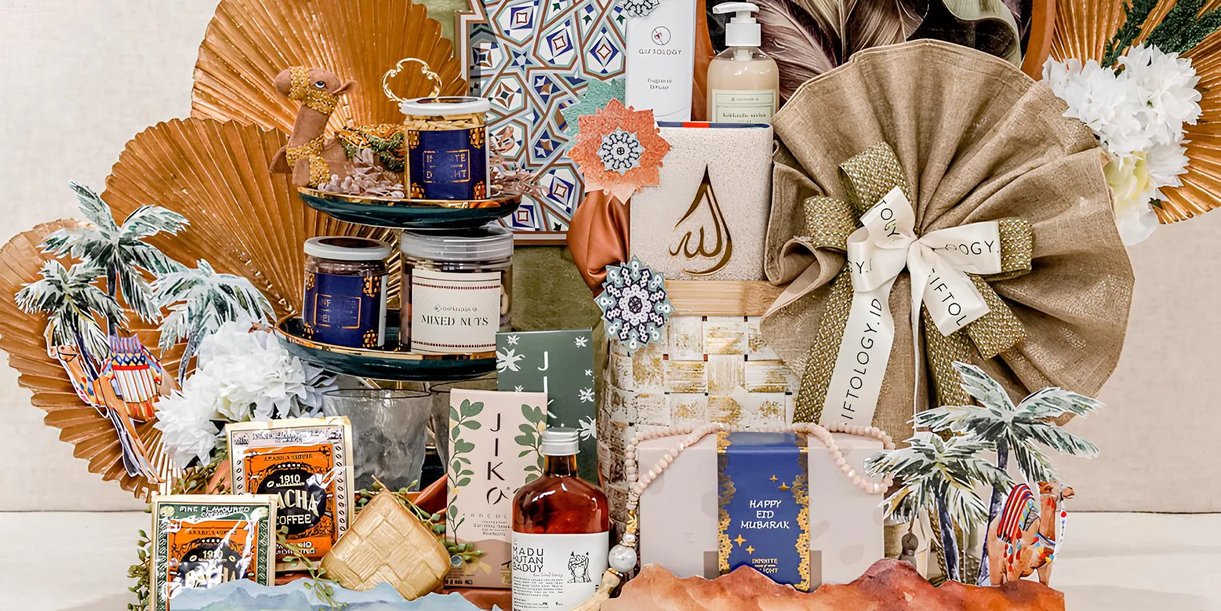 Premium Eid hampers featuring custom-printed garments, scarves, bags, and home textiles using Texco printing.