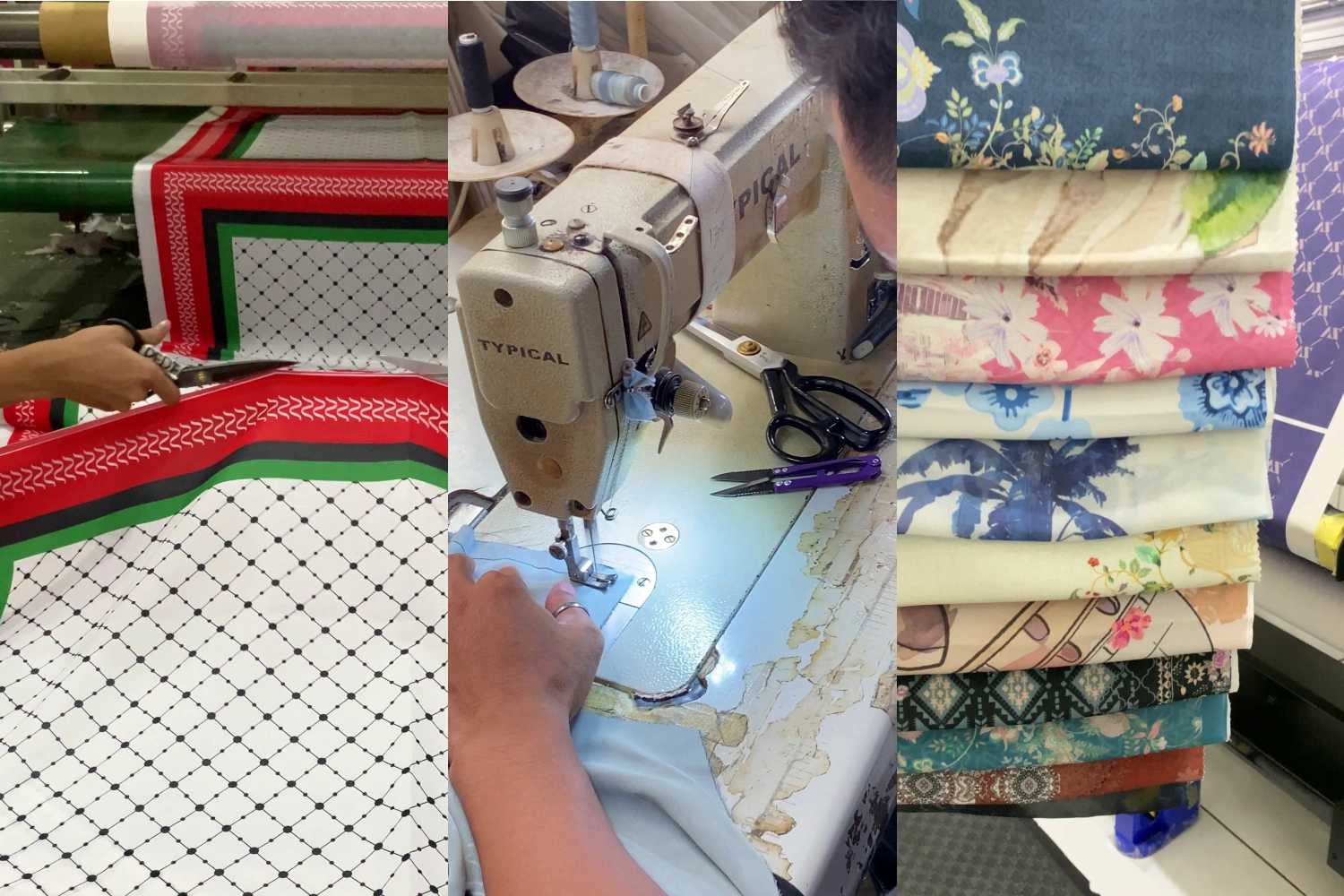 Proses finishing hijab printing dengan pemotongan kain, penjahitan, dan quality control.