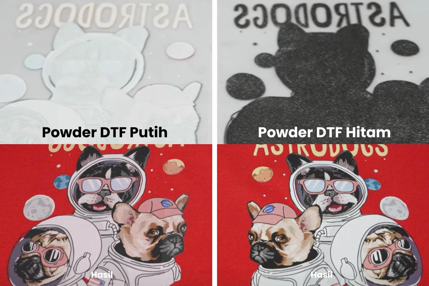 Pengaplikasian powder DTF hitam dan putih pada kain.