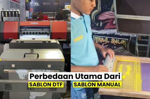 Mesin sablon DTF digital dan proses sablon manual yang menggambarkan perbedaan teknik sablon.