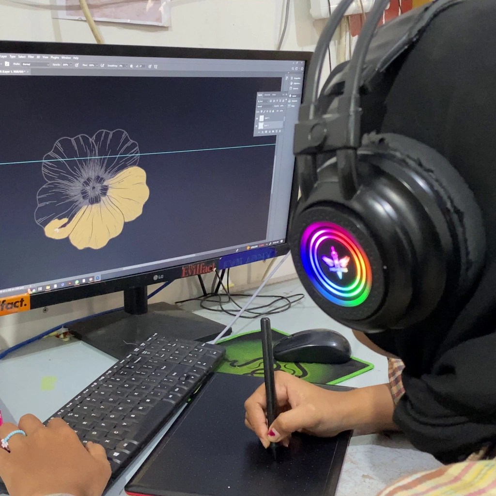 Designing custom hijabs with cultural sensitivity and 2024 fashion trends using modern printing equipment.