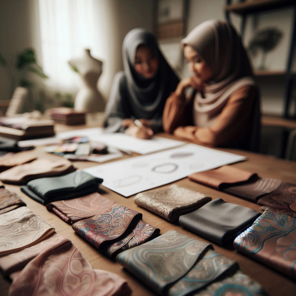 Dua muslimah mendesain hijab cetak dengan berbagai pola dan warna untuk ekspresi fesyen yang unik.