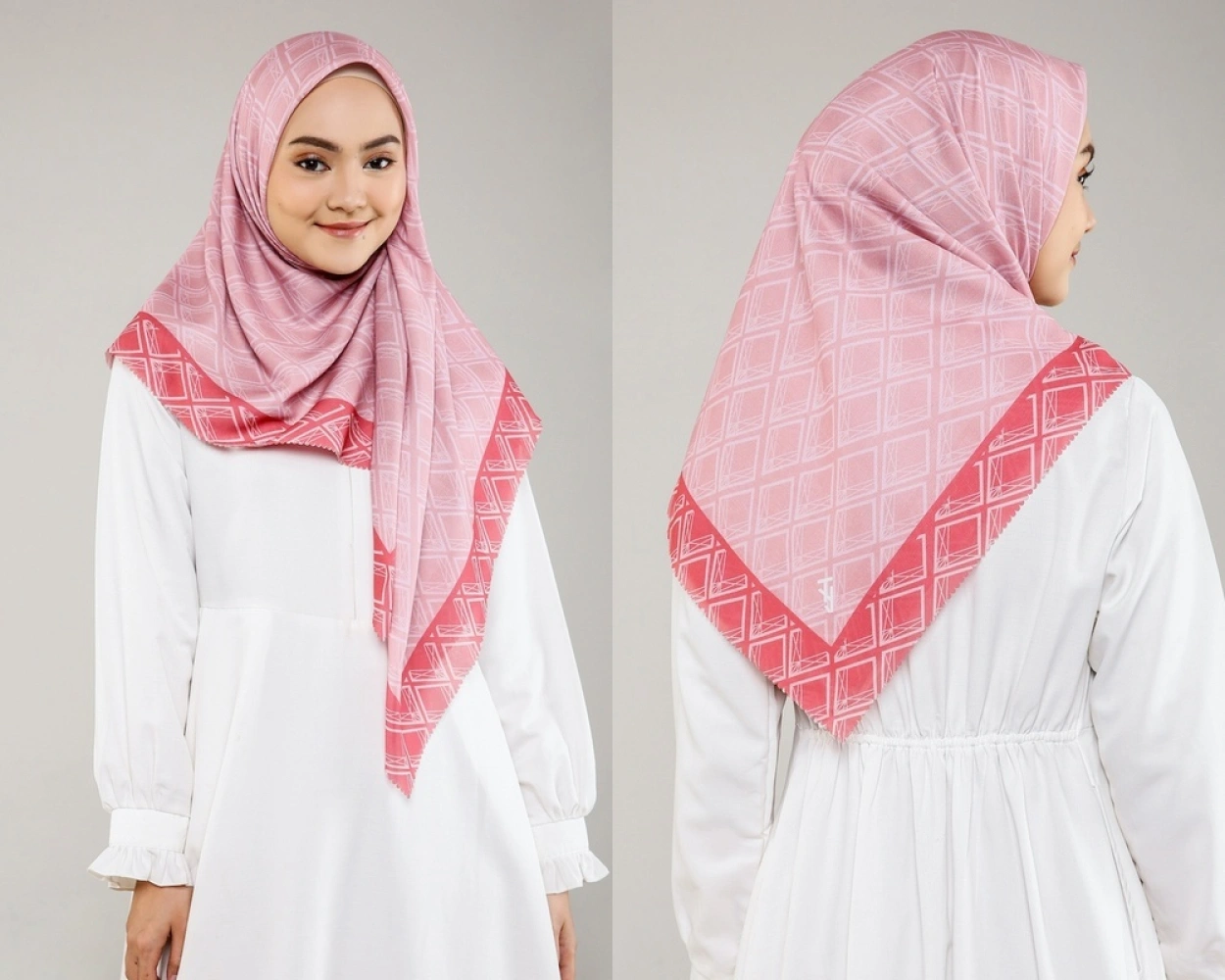Seorang wanita menggunakan hijab dengan motif geometris.
