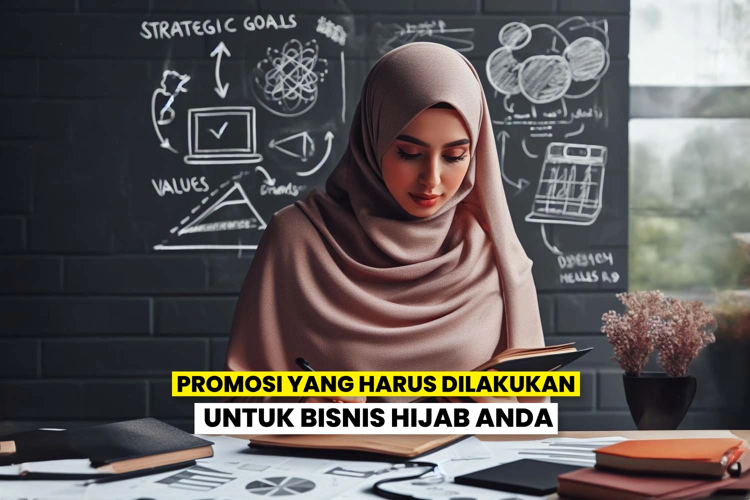 Seorang wanita berhijab sedang merencanakan strategi promosi untuk bisnis hijab di depan papan tulis.