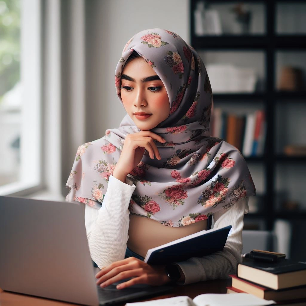Wanita berhijab floral sedang memegang buku dan bekerja dengan laptop di meja.