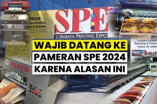 Spanduk dan mesin cetak di Pameran Surabaya Printing Expo 2024 yang diminati pebisnis digital printing.