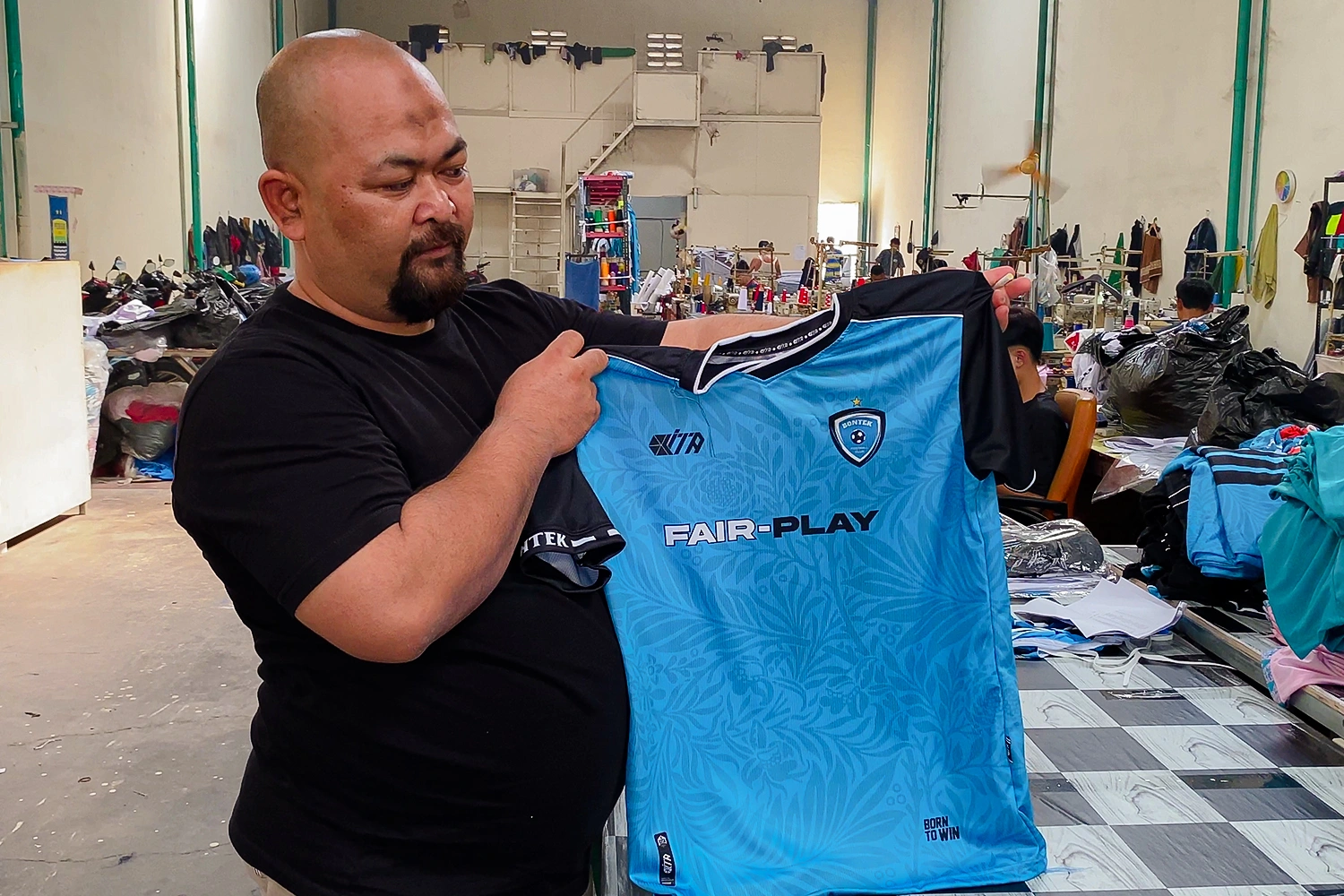 Jersey production process showcasing fabric cutting, stitching, and custom printing for sportswear and team apparel