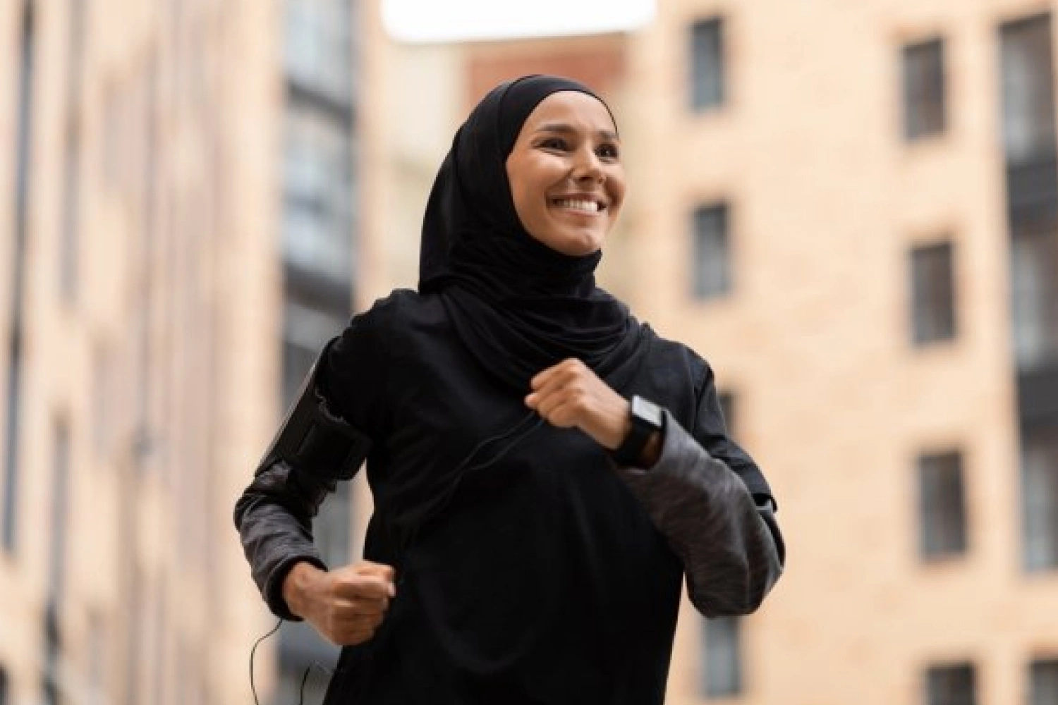 Sporty hijab style designed for active Muslim youth with breathable, stretchable, and moisture-wicking fabric.