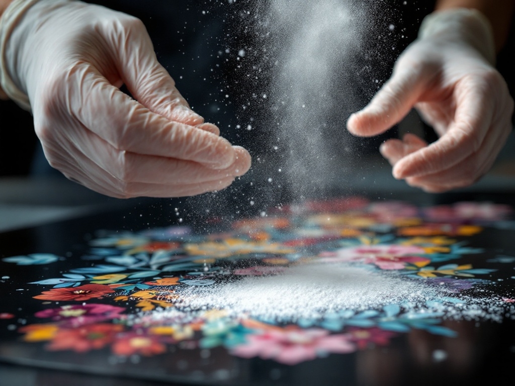 Close-up of hands wearing gloves applying powder adhesive onto a colorful design on DTF film.