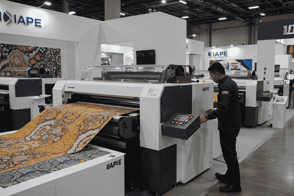 A textile printer showcasing vibrant patterned fabric at the IAPE exhibition, with a person operating the machine.
