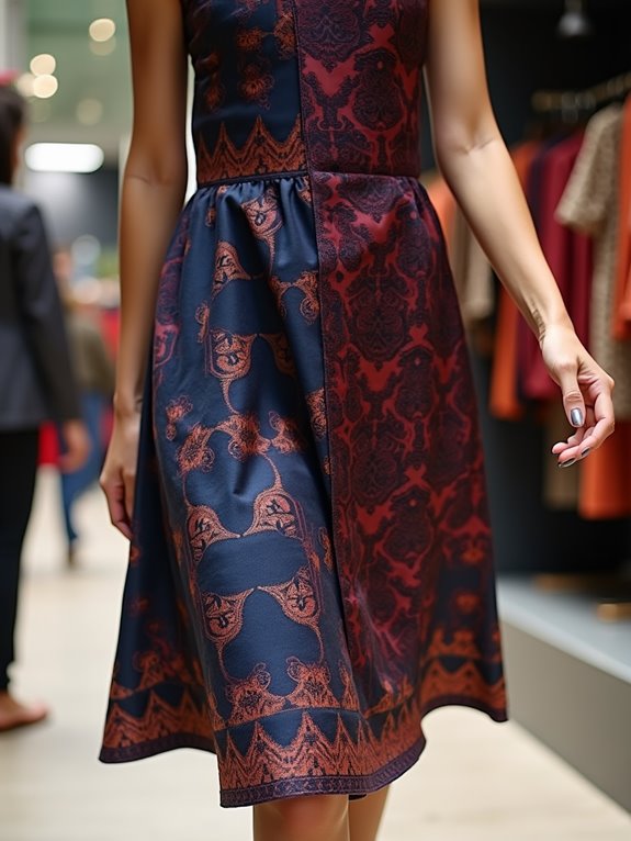 Close-up of a woman wearing a navy and maroon batik dress with intricate traditional patterns.