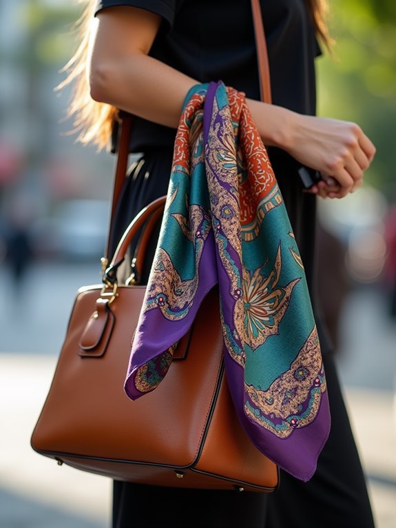 Twilly scarf with vibrant patterns in green, orange, and purple, tied to the handle of a brown leather bag.