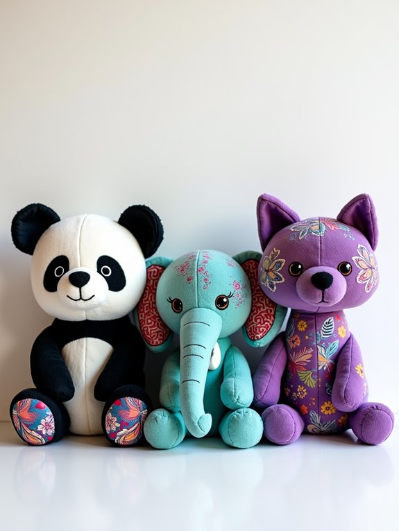 Three plush toys: a panda, an elephant, and a purple fox with vibrant patterned designs, displayed on a white background.