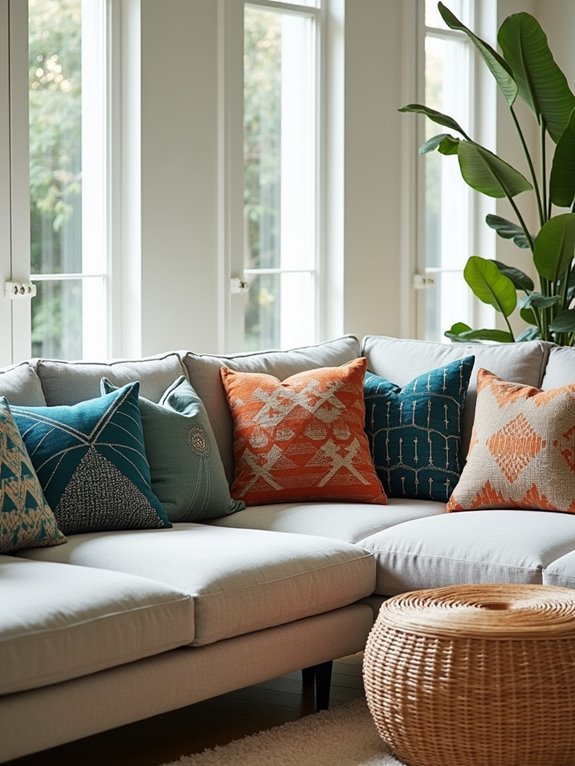 Stylish sofa cushions in teal, orange, and neutral tones with various patterns, arranged on a light gray sectional sofa.