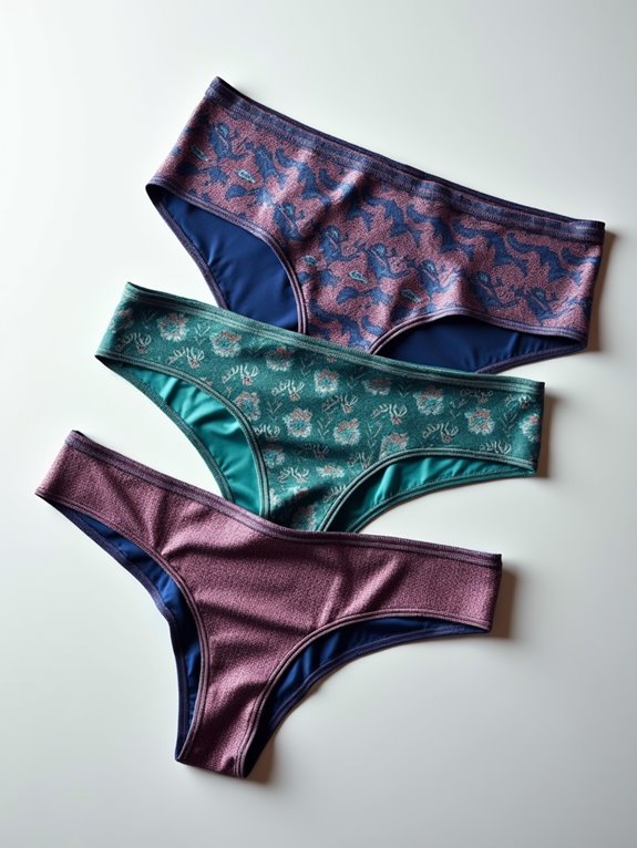Three pairs of stylish sublimation-printed women's underwear in vibrant batik-inspired patterns.