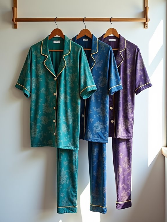 Three sets of colorful nightwear with floral patterns hanging on a wooden rack.