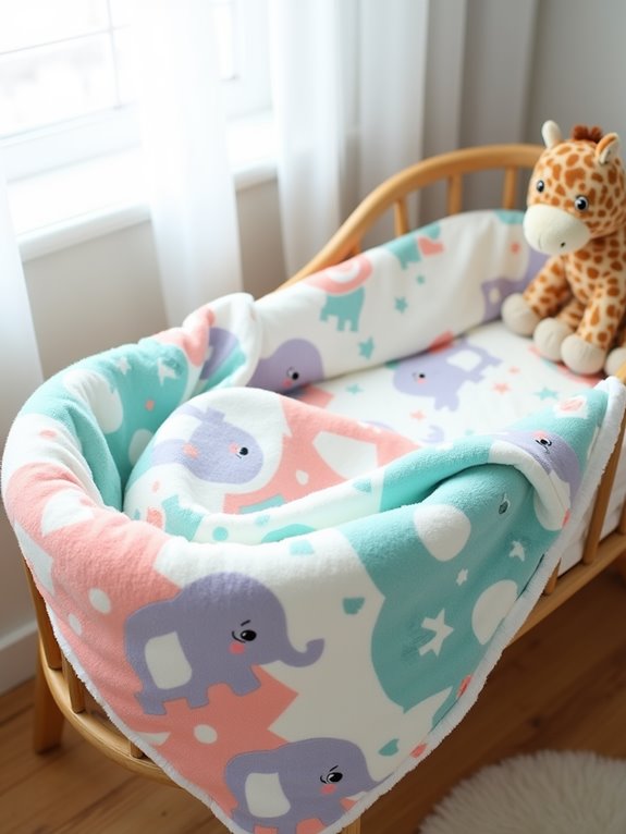 A colorful baby blanket with cartoon elephant prints draped over a wooden crib, accompanied by a stuffed giraffe toy.