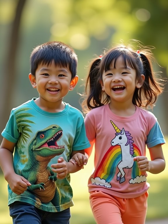 Two smiling children wearing colorful printed t-shirts with a dinosaur and unicorn design, enjoying outdoor play.