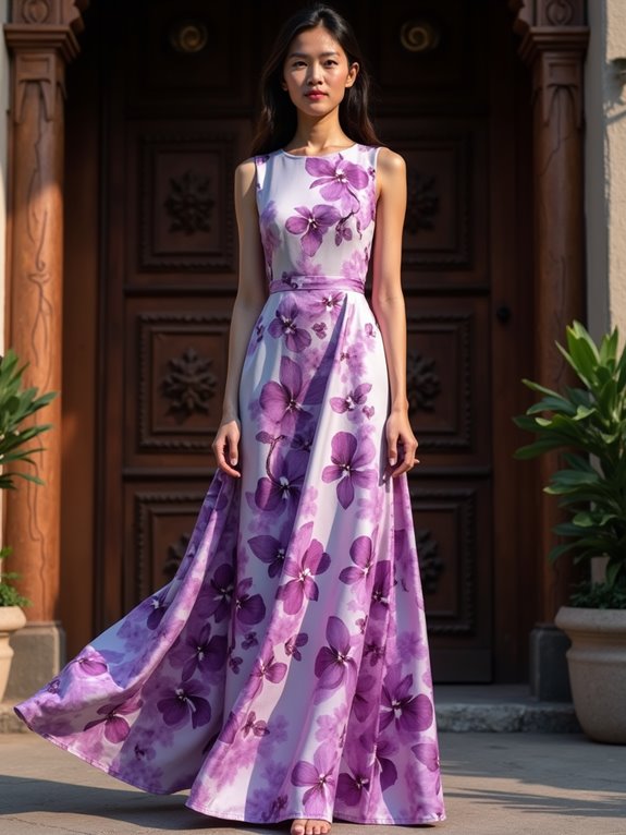 Woman wearing a purple floral maxi dress stands in front of an ornate wooden door.