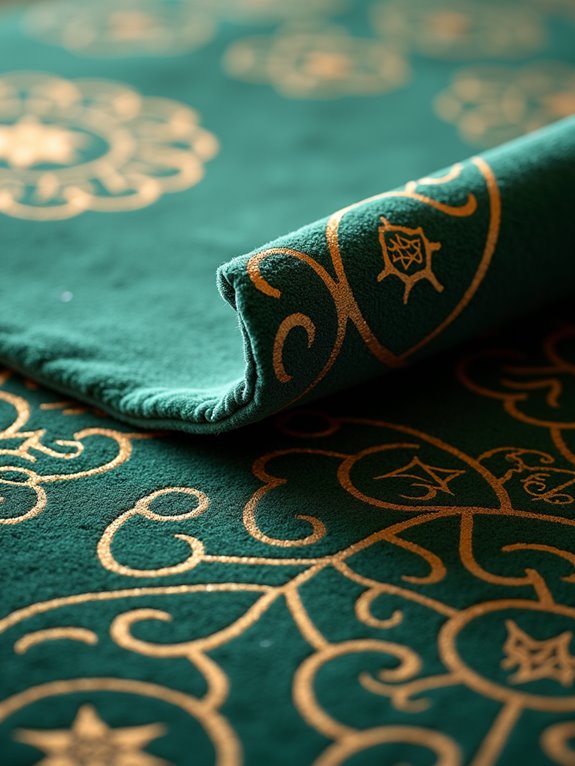 Green prayer mat with intricate gold patterns, featuring a soft texture and elegant design.