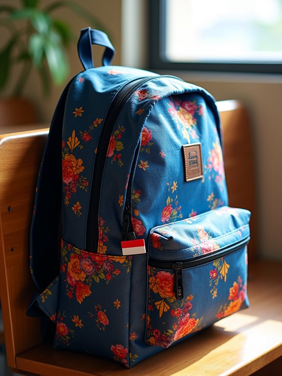 Blue school bag with vibrant floral patterns, featuring multiple compartments and ergonomic straps.