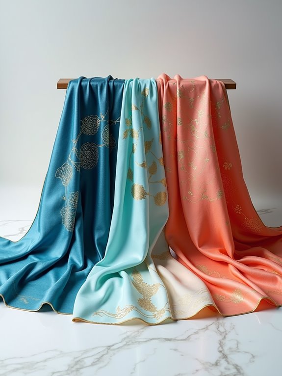 Three colorful scarves with gold patterns displayed on a wooden bar, showcasing vibrant and stylish designs.