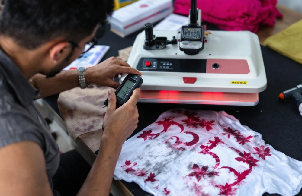 Mesin heatpress sedang beroperasi.