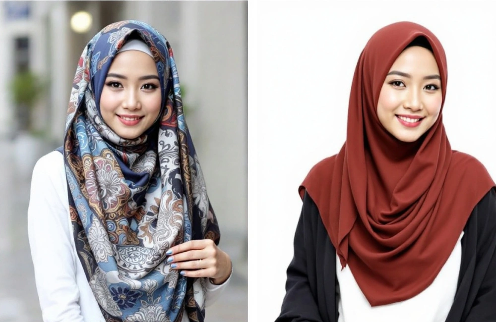 Produk hijab printing vs hijab polos.
