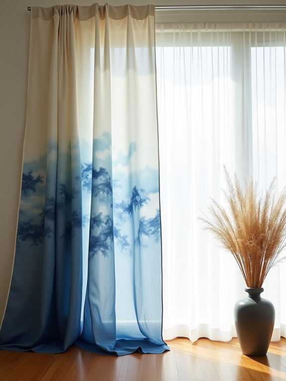 Japanese-style curtains with a blue gradient and nature-inspired design, hanging next to a large window and a vase with pampas grass.