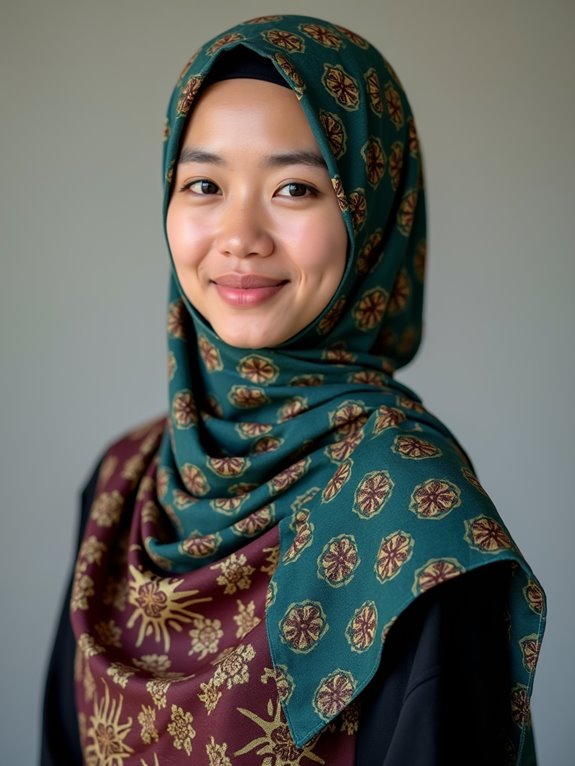 Woman wearing a green patterned hijab with intricate designs, showcasing popular Indonesian textile fashion.