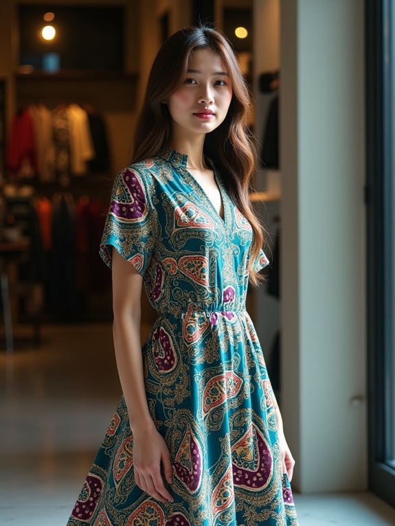 Woman wearing a patterned dress with ethnic-inspired designs, standing in a modern boutique.