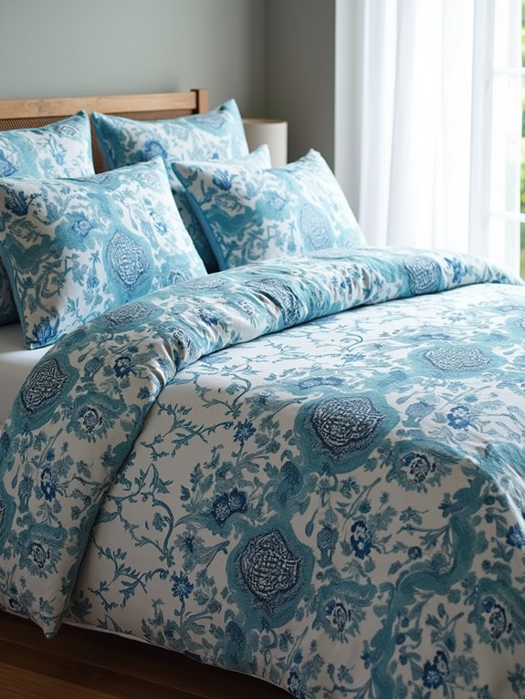 Elegant bedding set with blue floral prints on a white base, featuring matching pillows and a duvet.